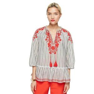 KATE SPADE BROOME STREET EMBROIDERED STRIPE BOHO PEASANT BLOUSE DESIGNER CHIC